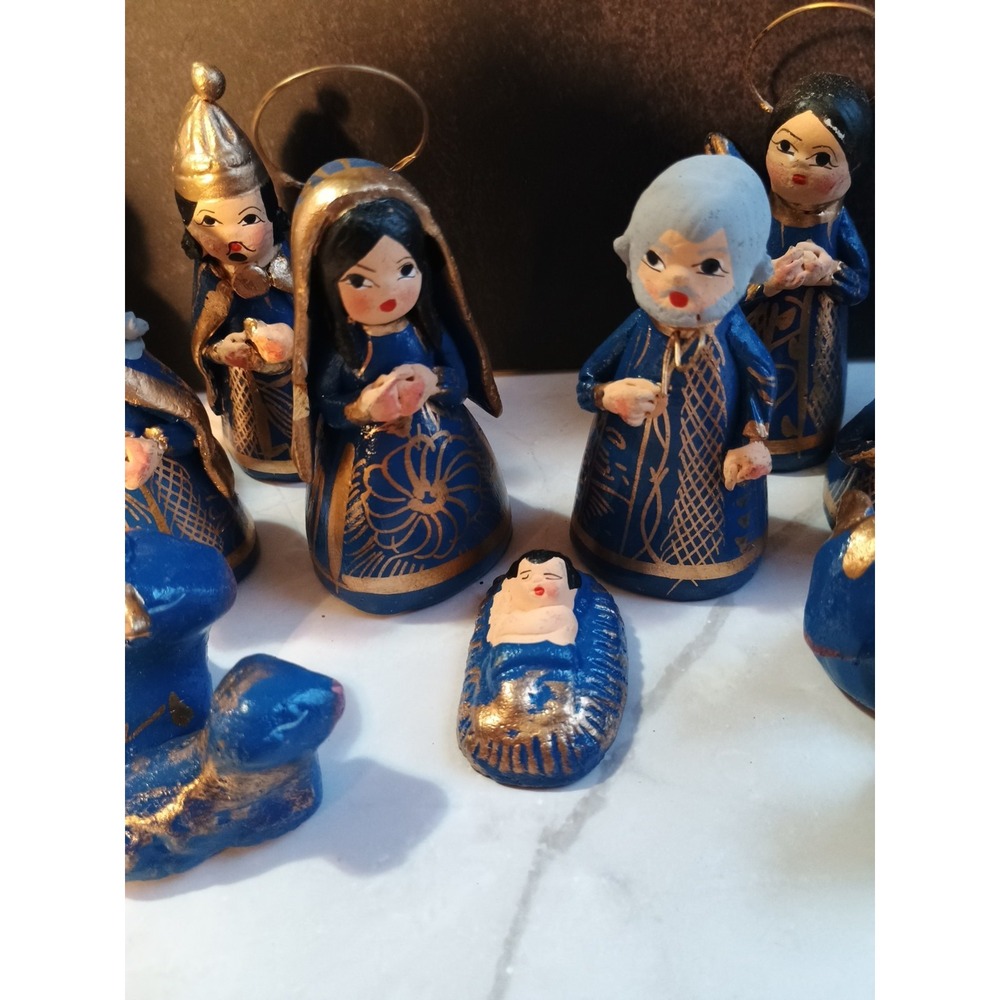 14 Piece Mexican Folk Art Christmas Nativity Set Handpainted Blue Gold
